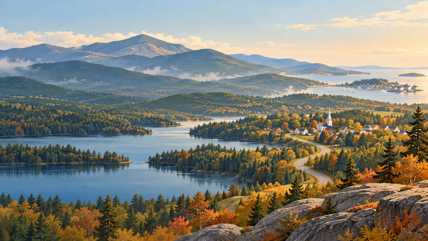 Editorial illustration of a New Hampshire journey through lake country, a village and the White Mountains.
