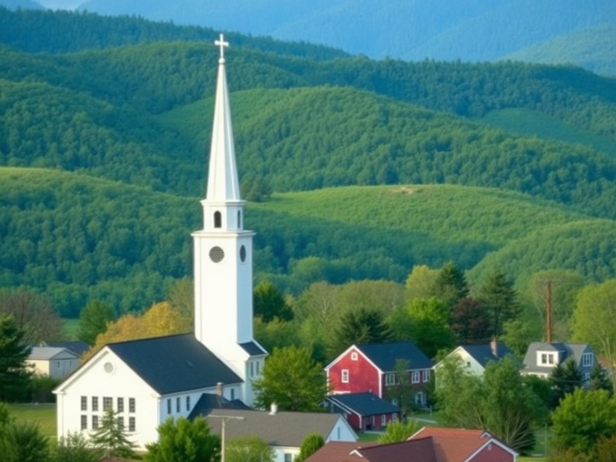 A Vermont village church steeple below the Green Mountains