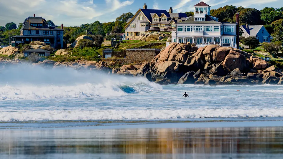 Good Harbor Beach, Bass Rocks and shoreline homes in Gloucester.