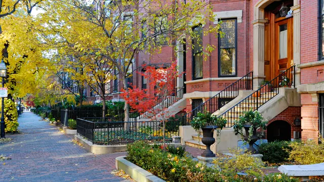 A row of Boston Back Bay brownstones with bay windows and iron stoops