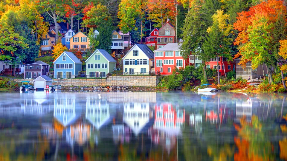 New Hampshire lake and autumn shoreline