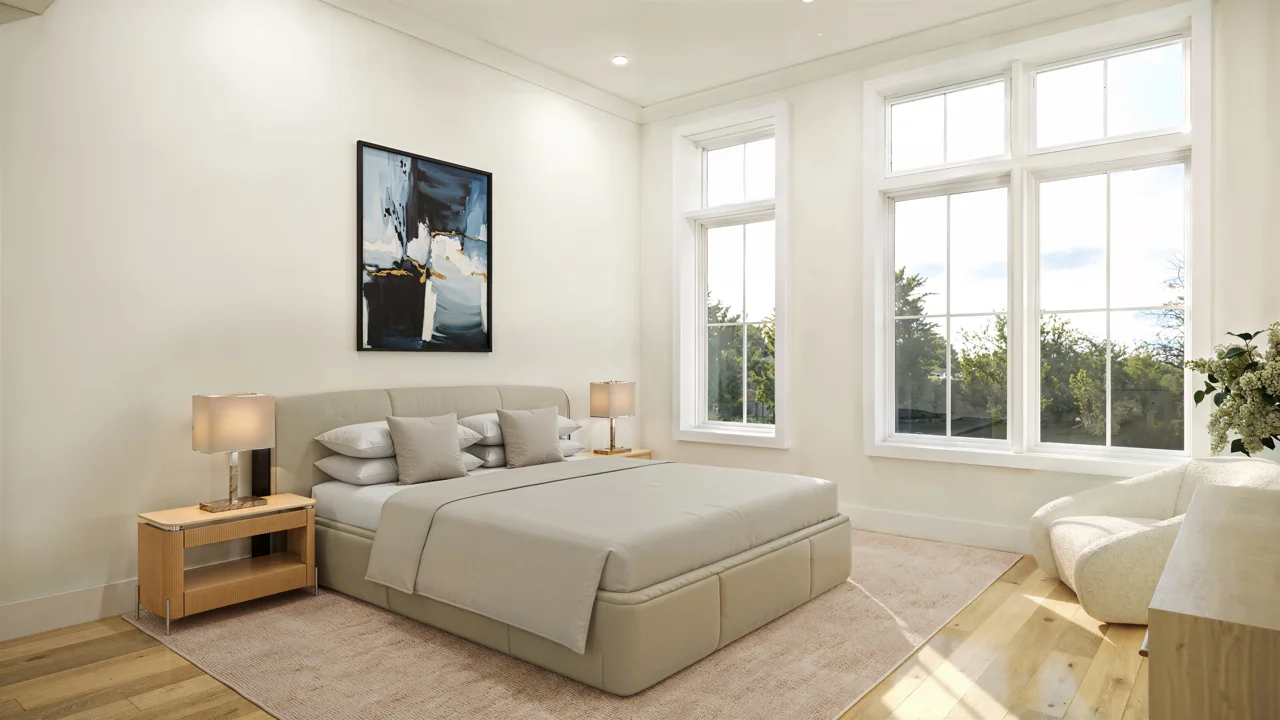Conceptual bedroom design with large windows