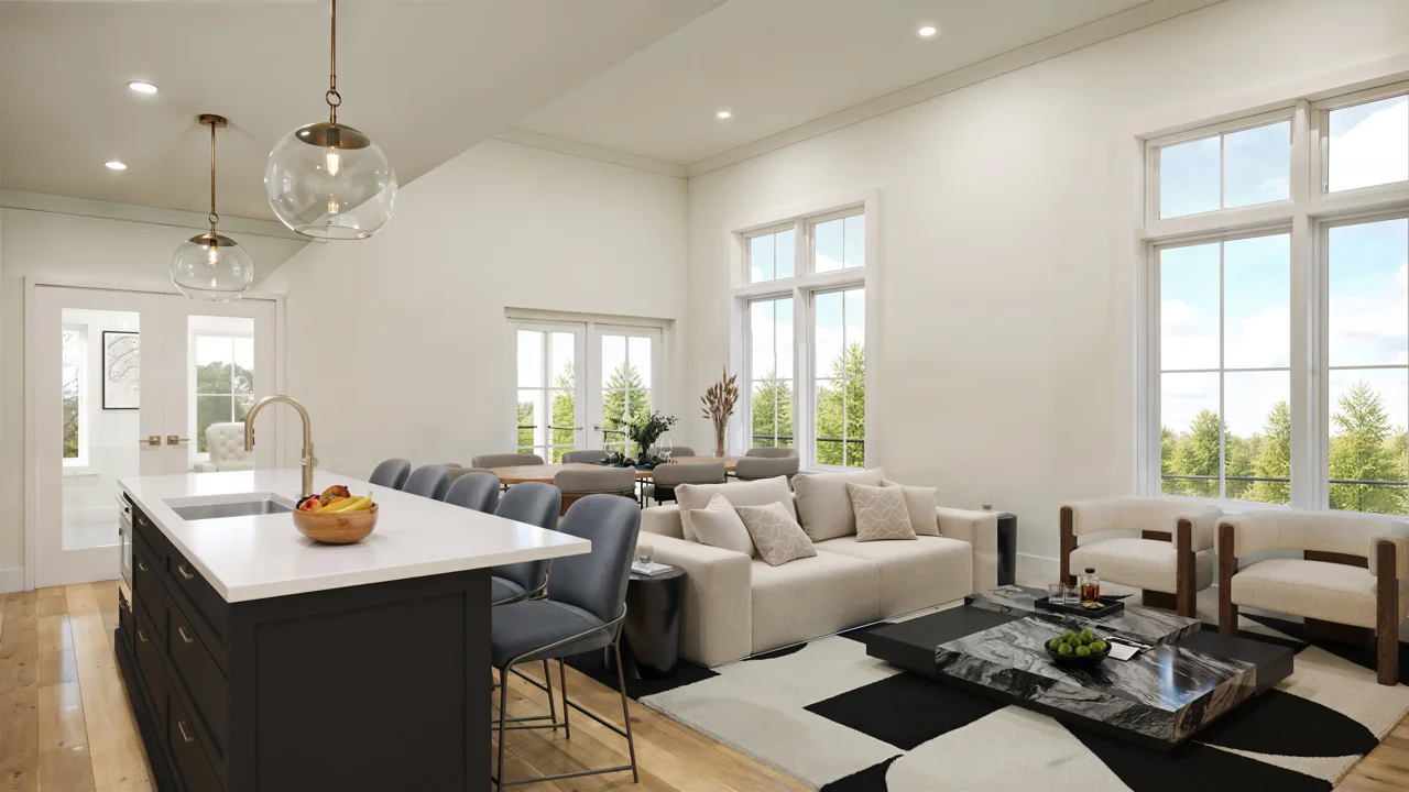 Conceptual kitchen and open living-room design