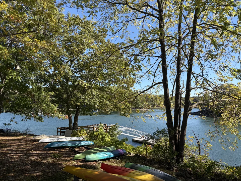 Colorful kayaks beneath trees beside the dock and Sagamore Creek