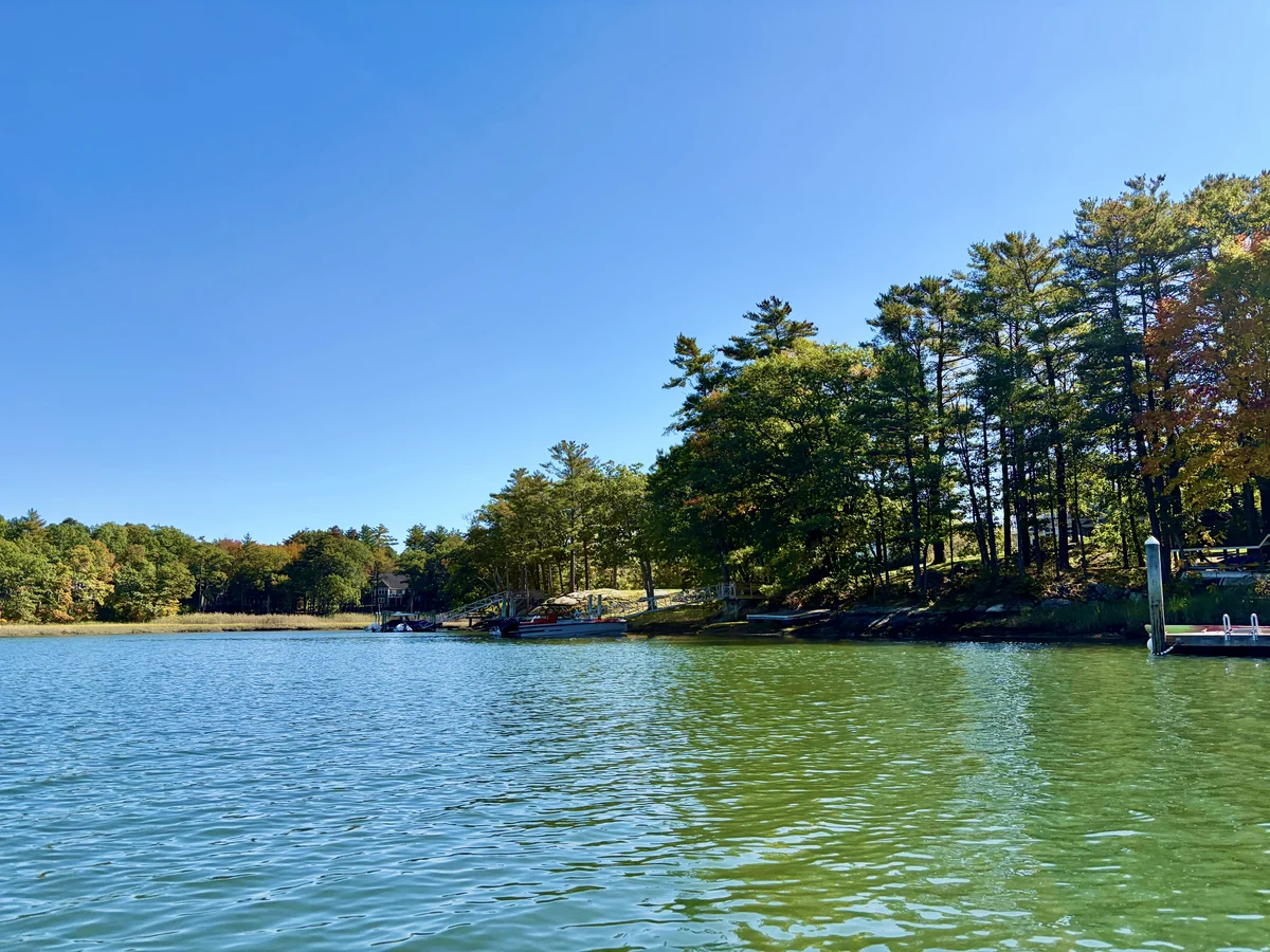 Sagamore Creek beside a wooded shoreline, with docks at the water’s edge